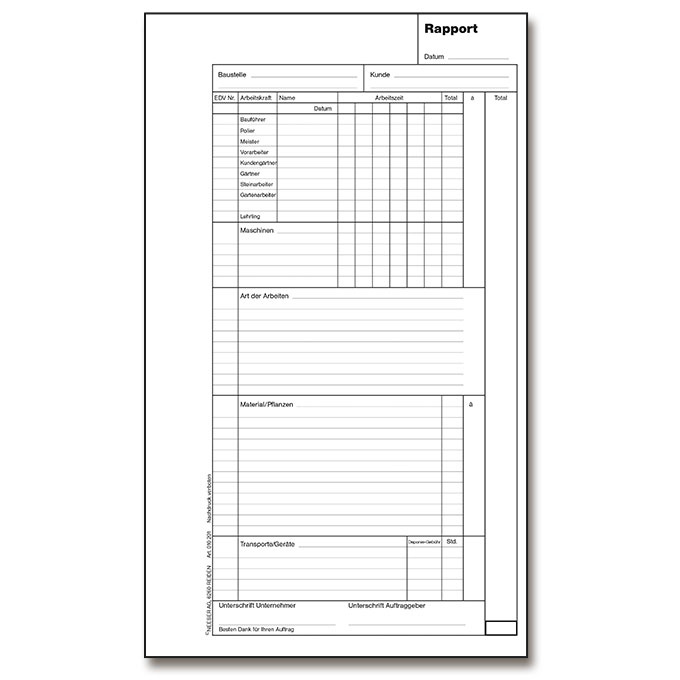 Bloc de rapport de travail 297 x 160 mm