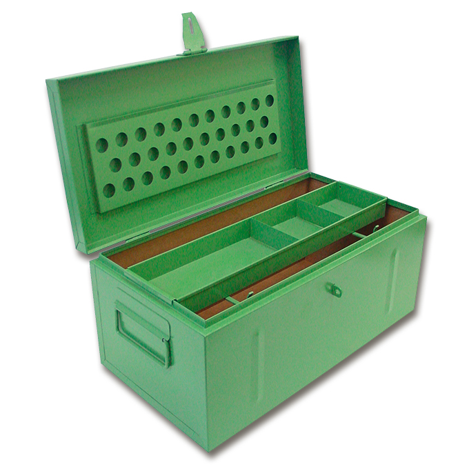 Werkzeugkiste für Gartenbauer aus Stahlblech grün